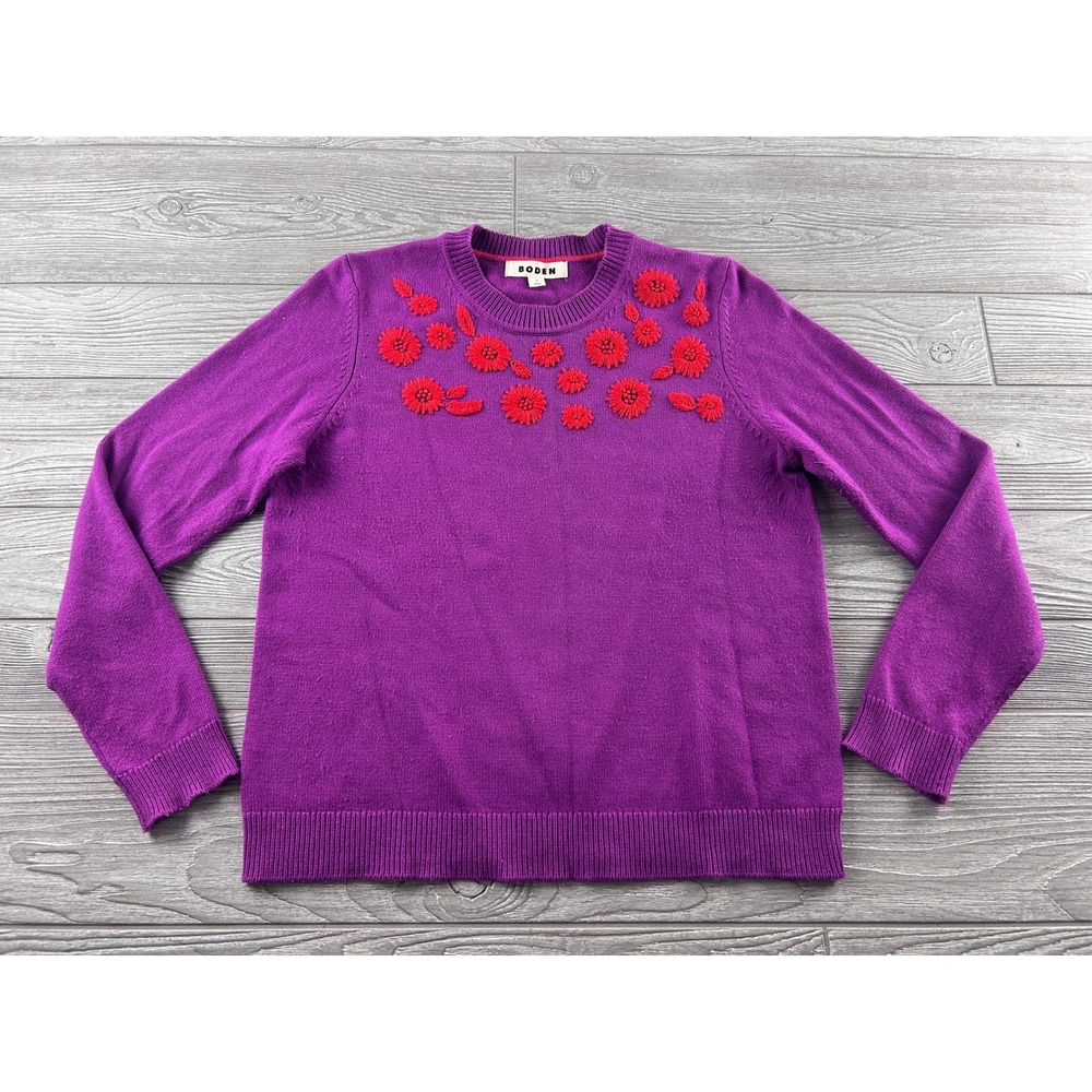 Boden Purple Floral Embroidered Wool Blend Crew Neck Sweater Medium K1007
